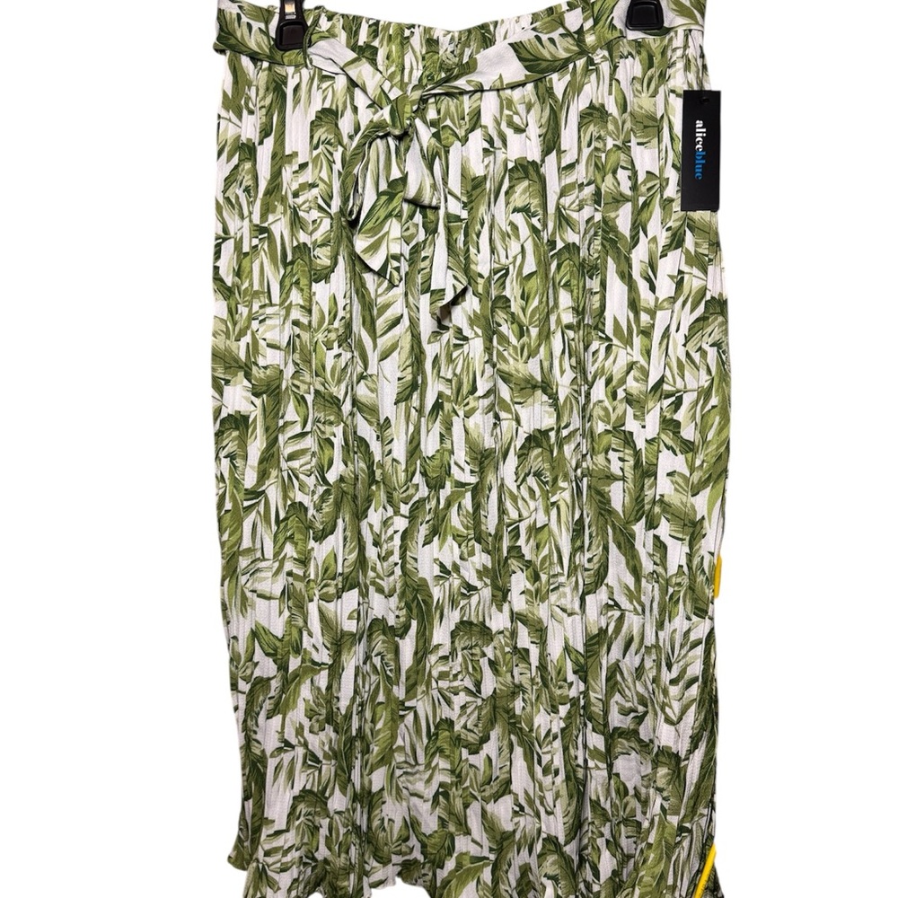 Alice Blue Green/White Pleated Leaf Print Midi Skirt Size Large